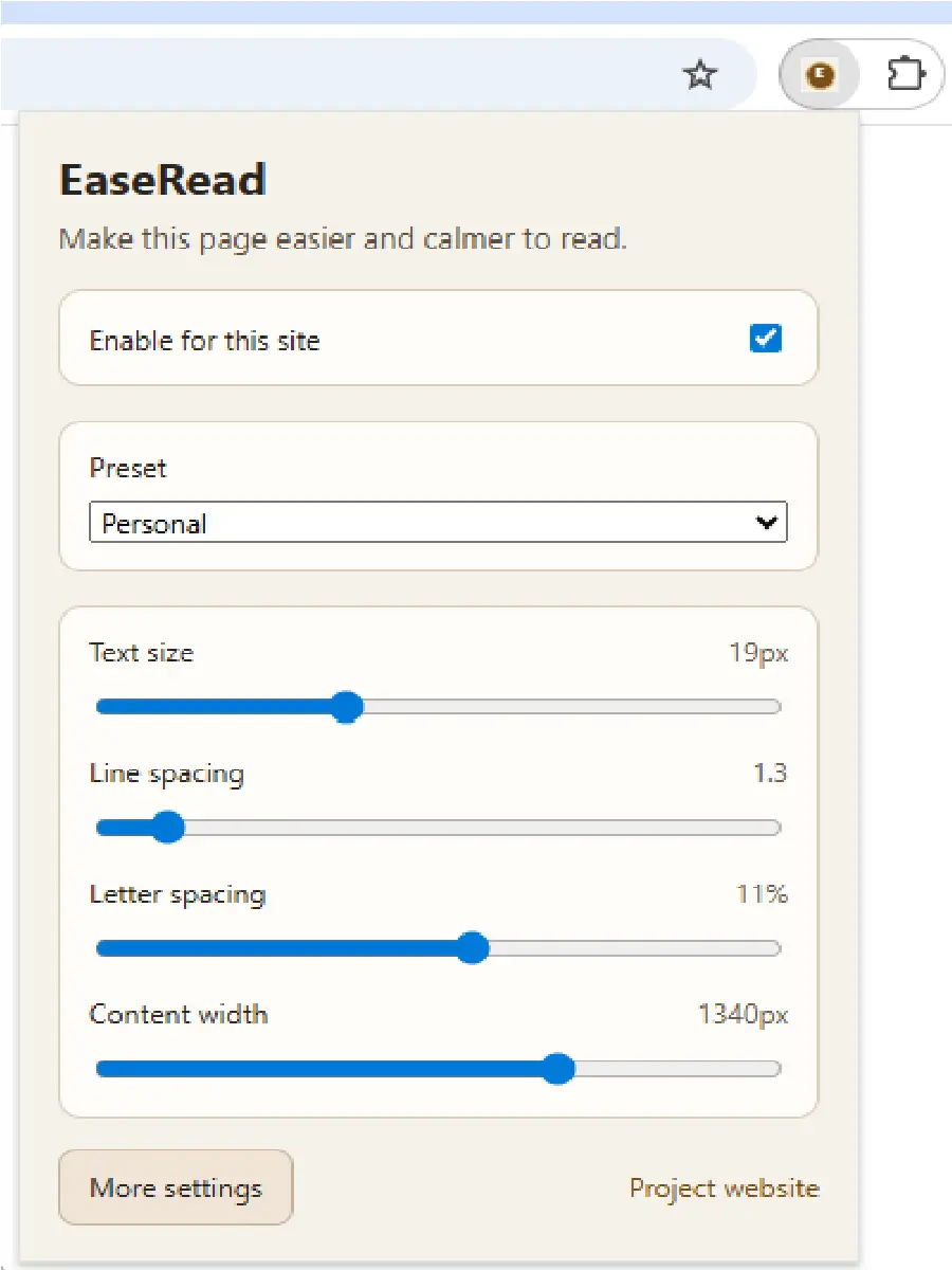 EaseRead popup with text size, line spacing, and letter spacing controls.
