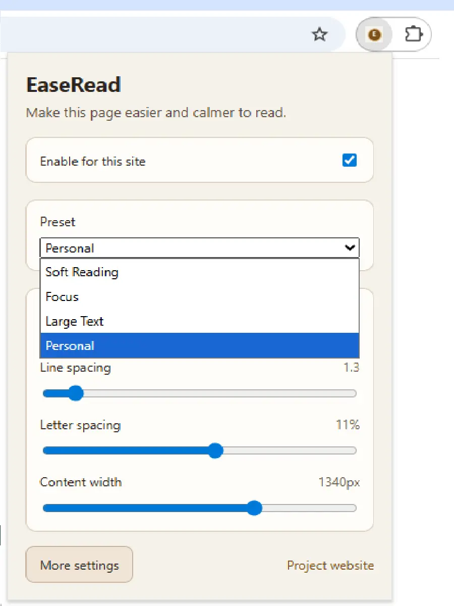 EaseRead popup showing presets, Personal mode, and paragraph focus mode.