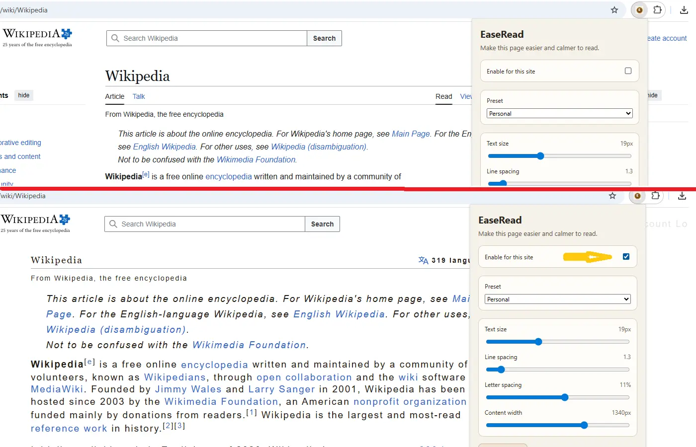 Enable for this site turned on in the EaseRead popup.